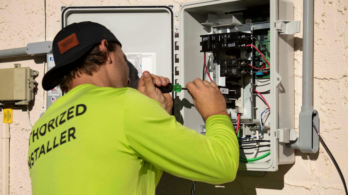 Electrician in a high-visibility shirt using a screwdriver on an electrical panel